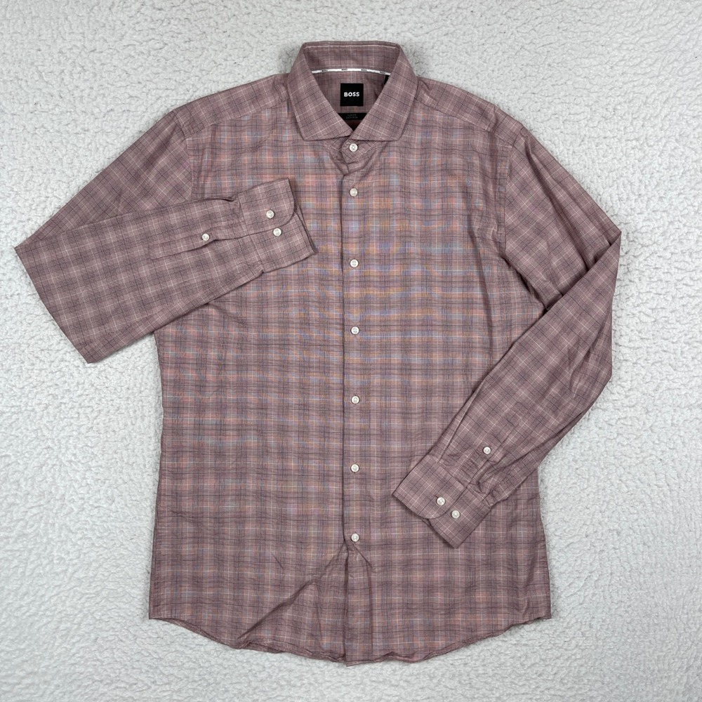 BOSS Button Down Shirt Mens 16 Large Burgundy Plaid Slim Fit Easy Iron Designer